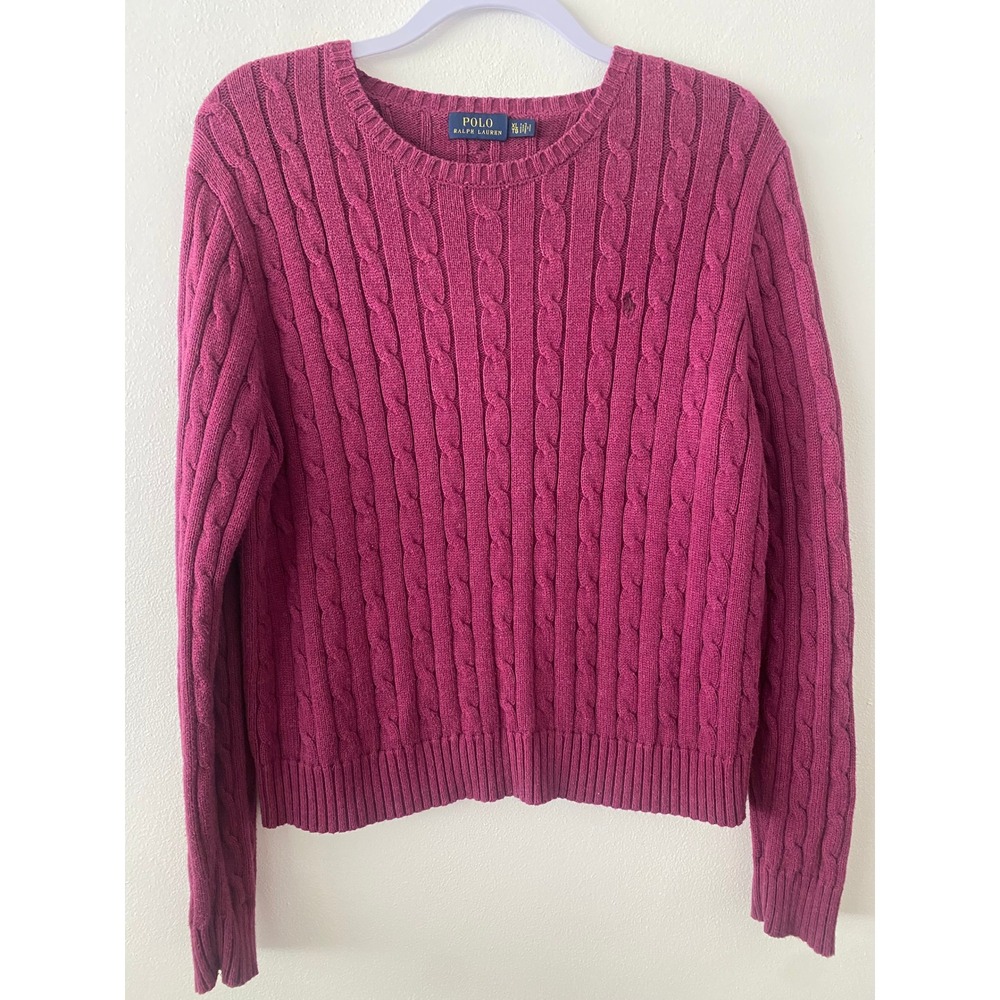 Women's XL Polo Ralph Lauren Magenta Cable Knit Sweater Crew Neck Long SleeveEUC